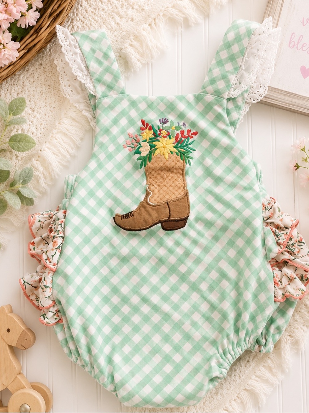 ricrac & ruffles Mint Gingham Baby bubble with Embroidered Cowboy Boot
